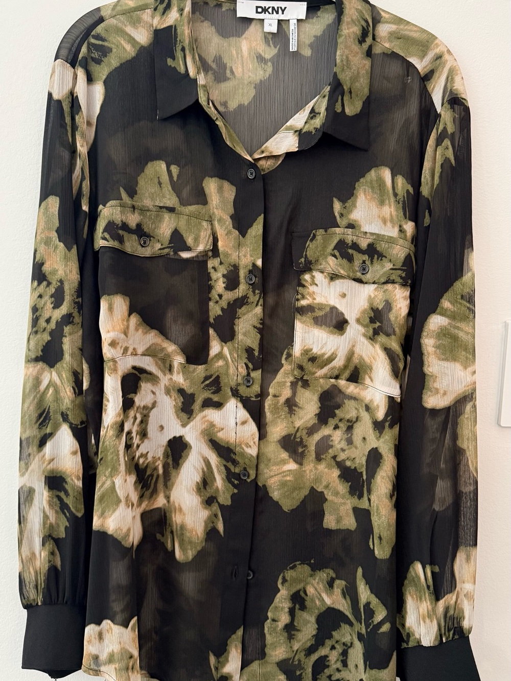 DKNY Black Sheer Blouse with Olive & Cream Floral Print
